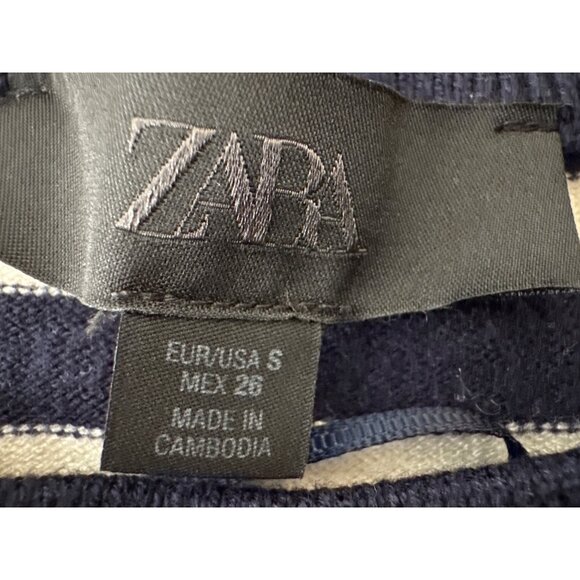 ZARA Striped Small Navy Blue & Cream Knit Sweater Viscose Blend - Picture 4 of 13